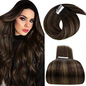 LaaVoo Brown Hair Extensions Tape in Human Hair 12 Inch Dark Brown to Light Brow